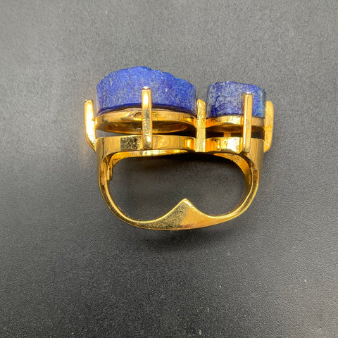 Karla Dares Gold Tone Blue Stone Double Finger Ring Size 6 6.25 Statement