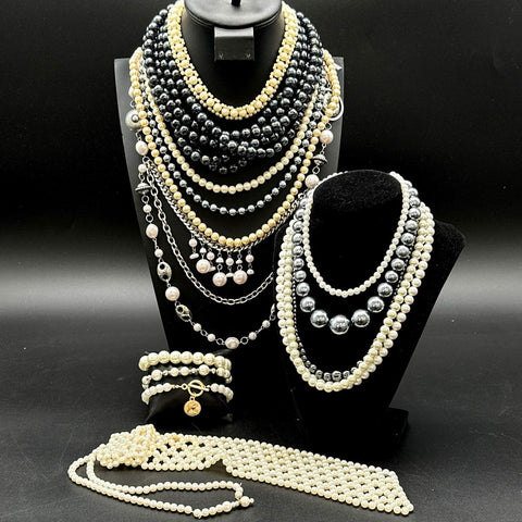 Faux Pearl Costume Jewelry Lot Statement Necklaces Coin Charm Bracelet Tie