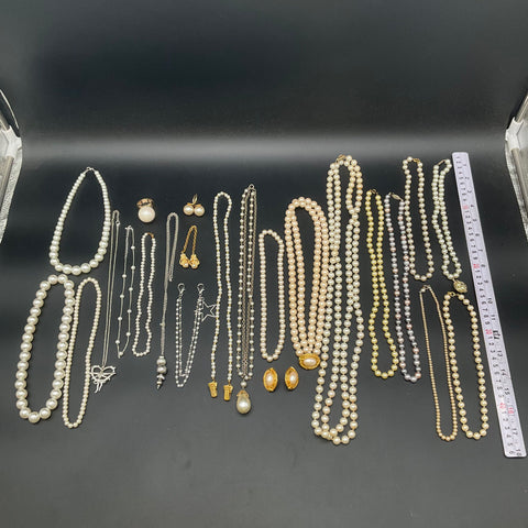 Vintage Faux Pearl Costume Jewelry Lot of 25 Necklaces Bracelets Earrings Ring