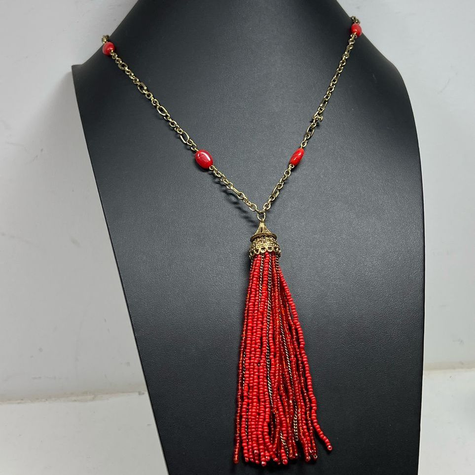 Gold Tone & Red Seed Bead Tassel Necklace