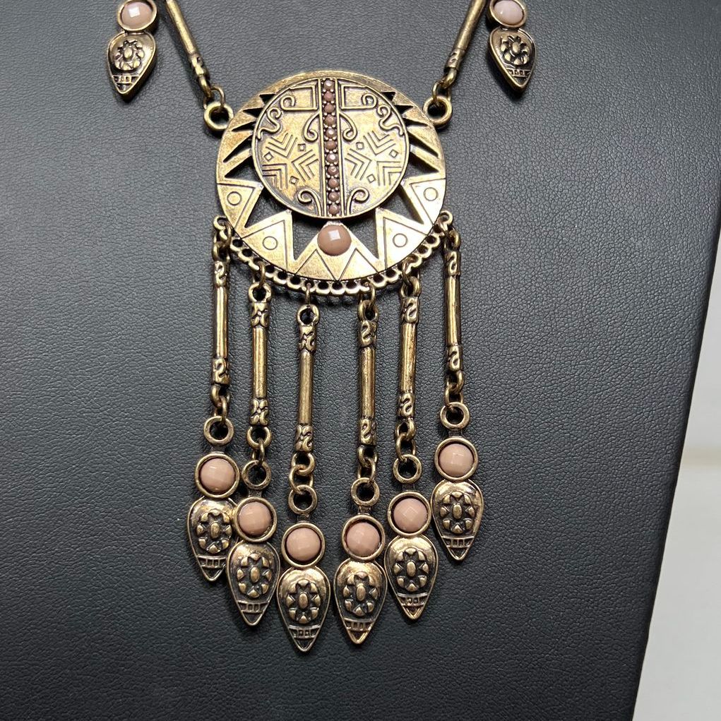 Vintage Style Layered Statement Necklace Brass Tone Boho Tribal Egyptian