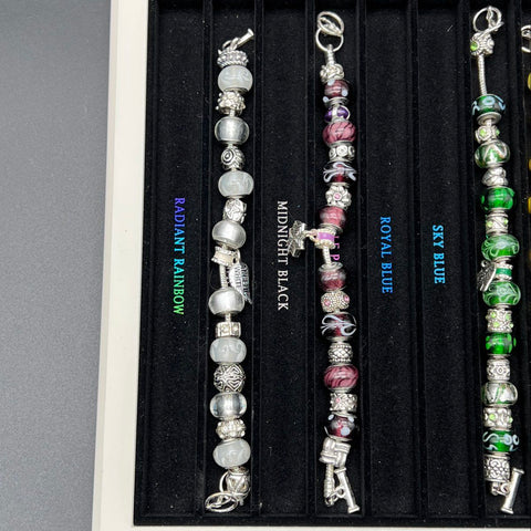 Willabee & Ward Charm Bracelet 5pc Set with Display Case Collectible Glass
