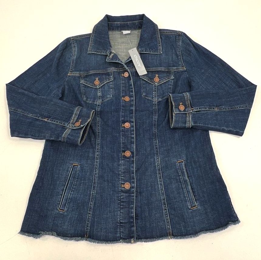 NWT Chico's Blue Stretch Fray Hem Denim Jean Jacket Women's Size 1 (M)
