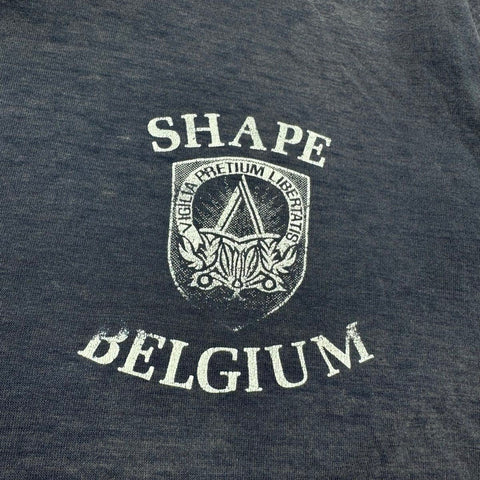 Vintage 80s SHAPE Belgium Military V-Neck T-Shirt Single Stitch USA Soffe Sz L
