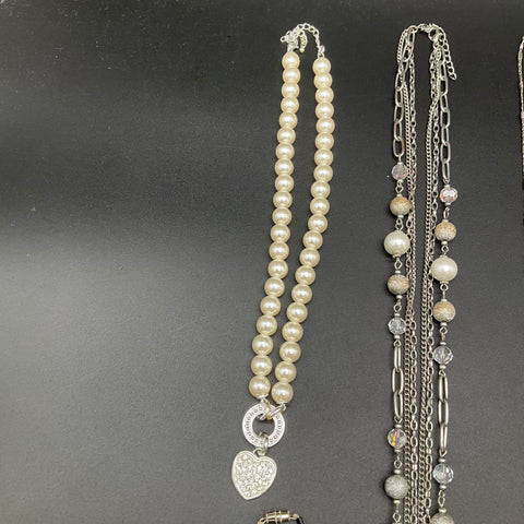 Fashion Jewelry Necklace Lot 6 Faux Pearl Multi-Strand Silver Tone Rhinestone