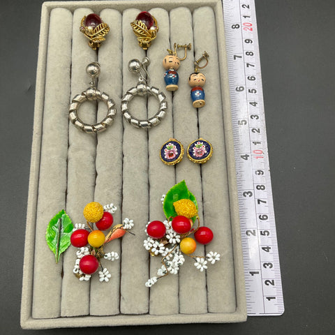 Vintage Costume Jewelry Lot 5 Pairs Micro Mosaic West Germany Fruit Kokeshi