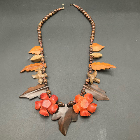 Vintage Style Carved Wood Necklace and Earrings Set Autumn Leaf Flower Jewelry