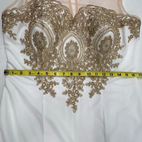 Baby Online Women's White Gold Lace Applique Illusion Mesh Evening Gown Dress