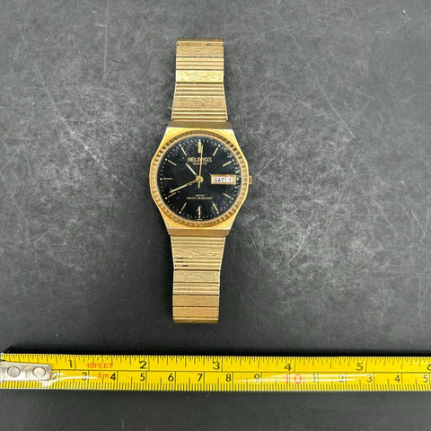 Vintage 90s Helbros Quartz Watch Gold Tone Day Date Speidel Band