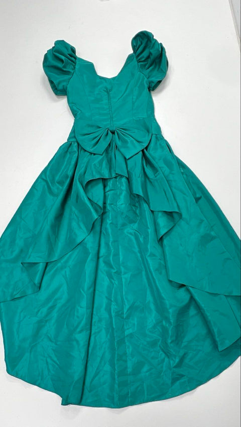 Vintage 80s Women's Teal Puffy Sleeve High-Low Party Dress ILGWU Sz 9