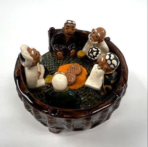 Ceramic Central Asian Tapchan Figurine Men Gathering Hand-Painted With Box