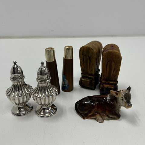 Vintage Salt & Pepper Shaker Lot Silver Plate Wood Ceramic 5 Sets NOS Boxed