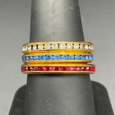 Vintage Avon Signed Gold Tone Rhinestone Stacking Ring Set Red White Blue 9