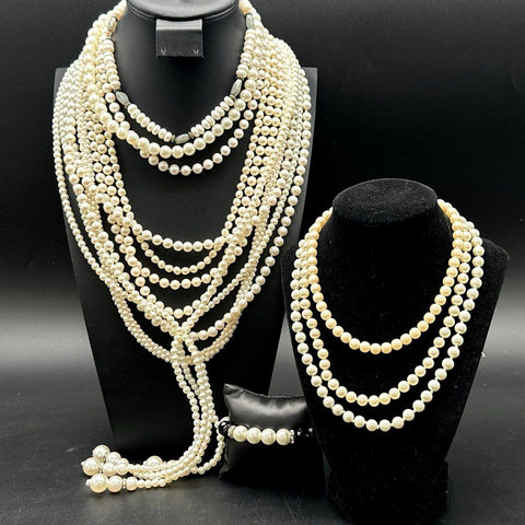 Faux Pearl Jewelry Lot 3pc Multi-Strand Lariat Triple Strand Necklace Bracelet