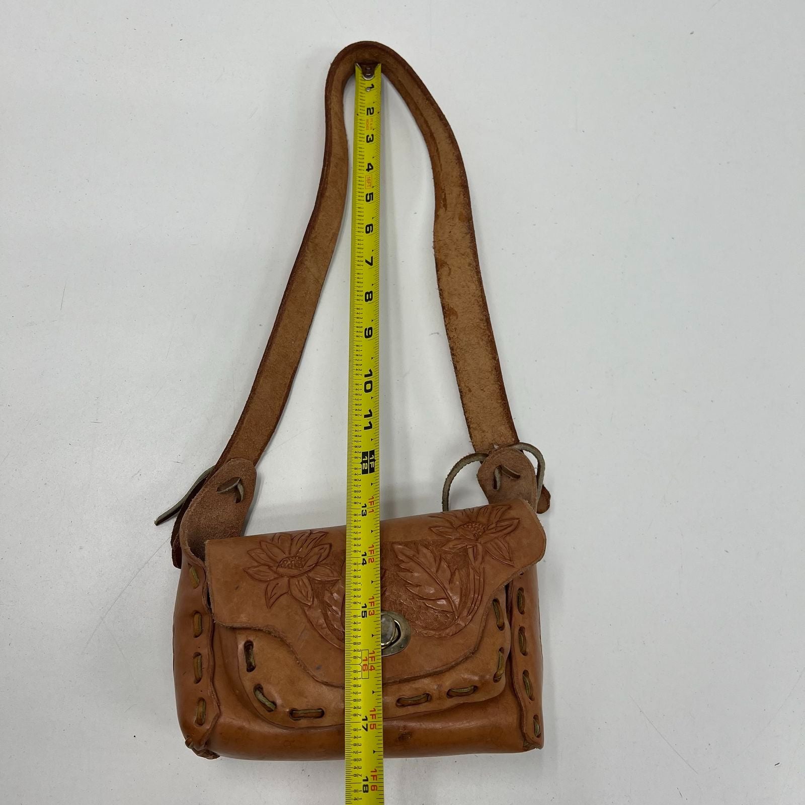 Vintage 70s Tooled Leather Floral Boho Hippie Mini Crossbody Purse Bag Brown
