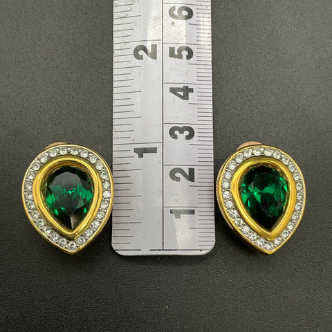 SAL Swarovski 1970s-80s Gold Tone Green Pear Cut Clip On Earrings