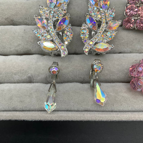 Vintage Sparkly Rhinestone AB Crystal Clip On Earrings Lot 6 Pairs Floral Leaf