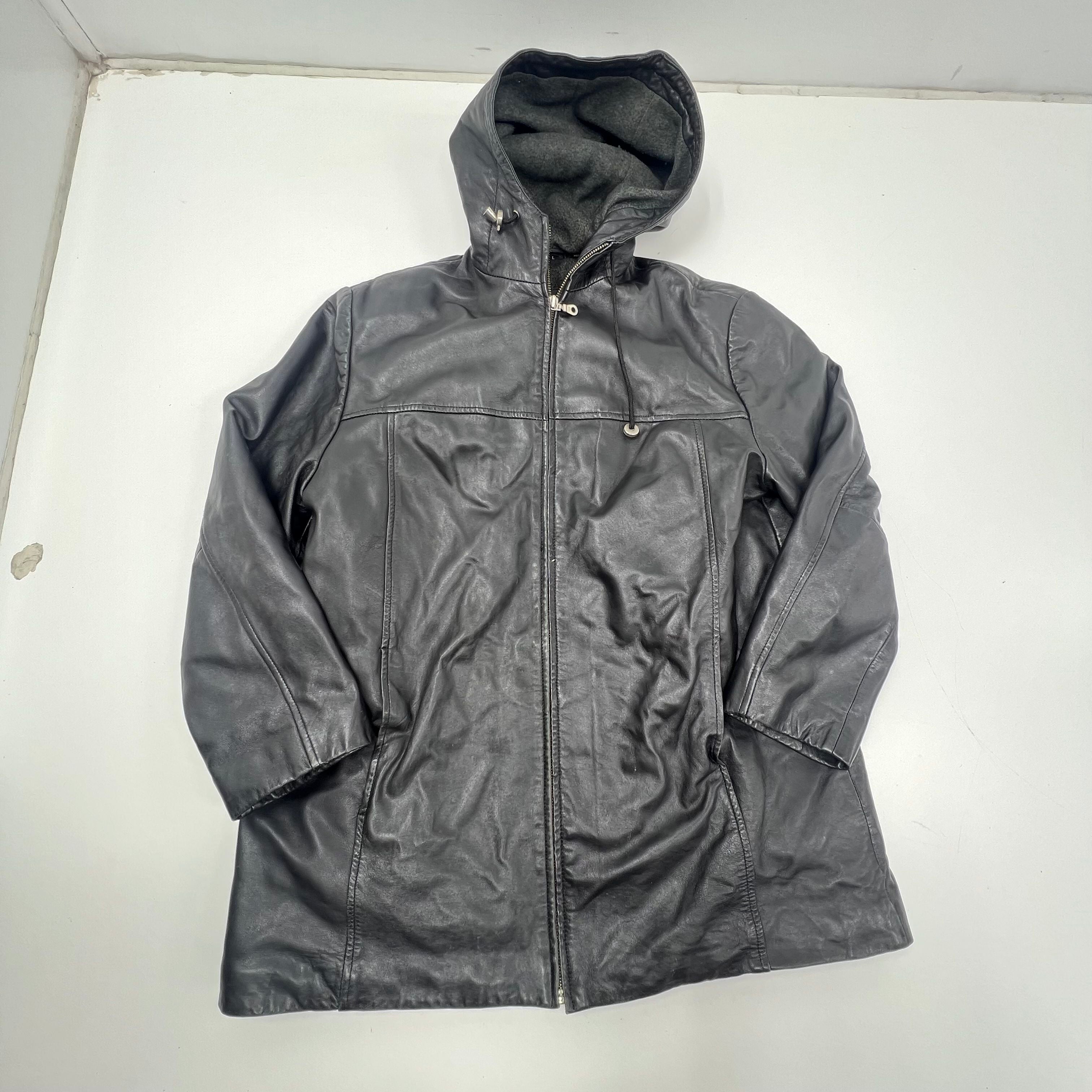 Vintage 90s Izzi Black Leather Fleece Lined Hooded Jacket Coat Men's L