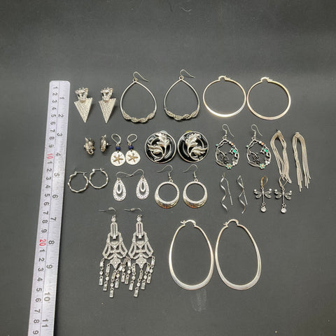 Silver Tone Fashion Earrings Jewelry Lot 17 Pairs Hoops Chandelier Rhinestone