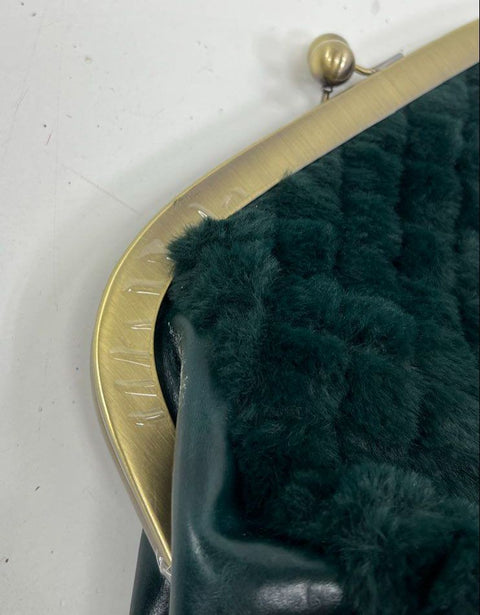Patricia Nash Green Faux Fur Leather Frame Kiss Lock Clutch Bag Brass Hardware