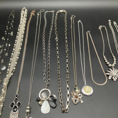 Fashion Jewelry Lot of 13 Necklaces Silver Tone Faux Pearl Tassel Locket Charms