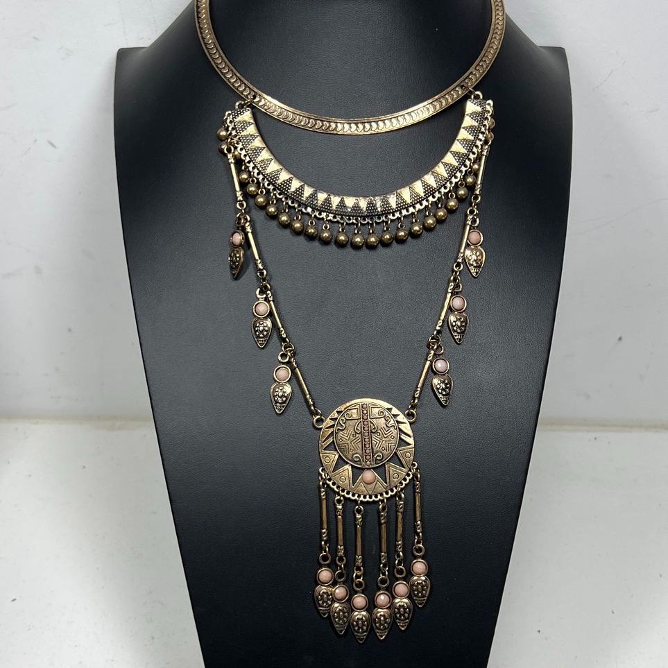 Vintage Style Layered Statement Necklace Brass Tone Boho Tribal Egyptian