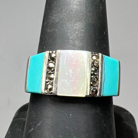 925 Sterling Silver Turquoise Mother Of Pearl & Marcasite Ring Size 8.5 5.08g