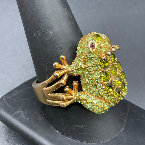 Vintage Style Figural Frog Ring Gold Tone Green Rhinestone Pave Size 10