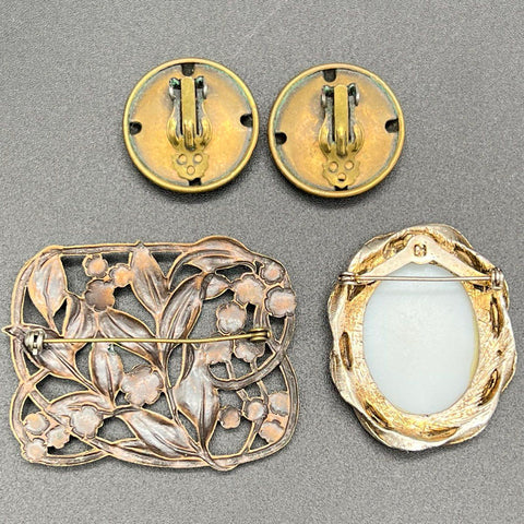 Vintage Costume Jewelry Lot of 10 Necklaces Brooches Rings Caroline Art Nouveau