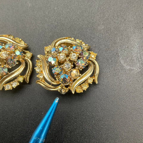 Vintage Gold Tone Aurora Borealis AB Rhinestone Necklace Earring Demi Parure