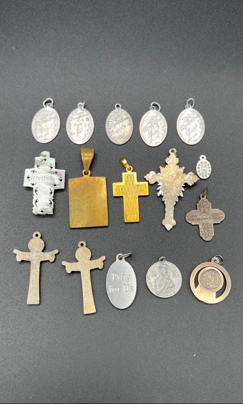 Vintage Religious Jewelry Lot of 16 Pendants Cross Crucifix Miraculous Medals