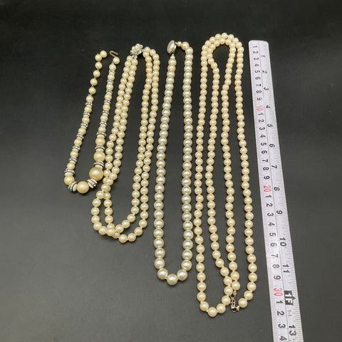 Vintage Costume Jewelry Lot Faux Pearl Necklaces Rhinestone Accents Mid-Century