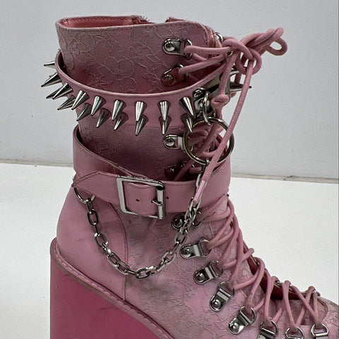 Sugar Thrillz Pink Lace Platform Wedge Combat Boots Spiked Chain Size 7