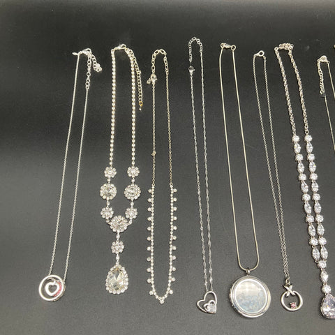 Fashion Jewelry Necklace Lot 11pc Silver Tone Rhinestone Faux Pearl Heart Locket