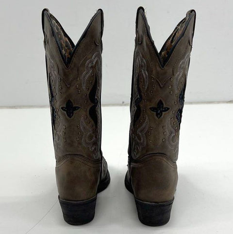 Laredo Western Cowboy Boots Brown Studded Leopard Print Lining Women's Size 6.5M