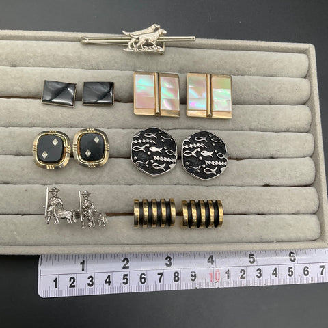 Vintage Mens Cufflinks Tie Bar Lot 7 Sets Figural Dog Fish MOP Mid Century