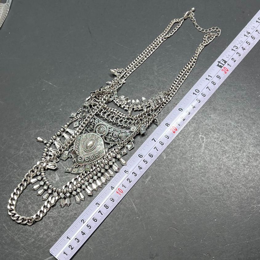 2 Silver tone Chain Faux Coin Bib Necklaces