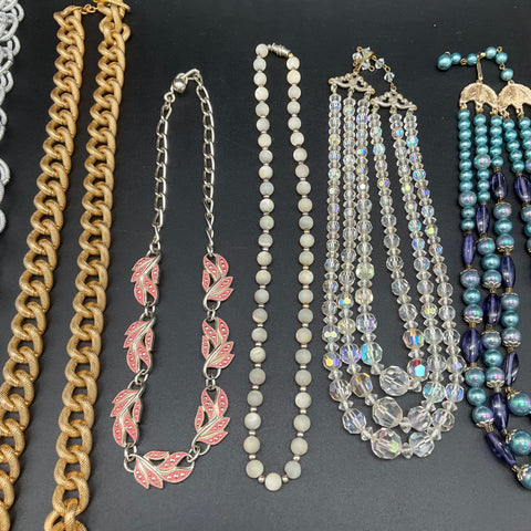 Vintage Costume Jewelry Lot 9 Necklaces Faux Pearl AB Glass Bead Gold Silver