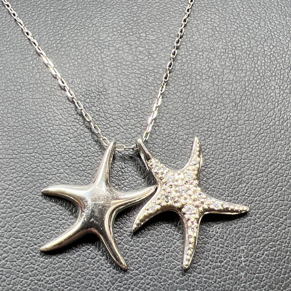 925 Sterling Silver Starfish Rhinestone Charm Necklace