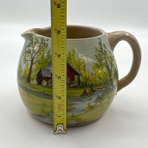 Deretha Ames Hand Painted Pottery Pitcher Landscape Red House Scenic Vintage