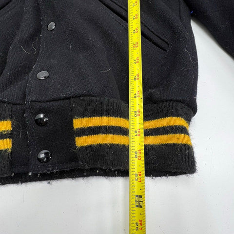 Vintage 80s Delong Wool Letterman Varsity Jacket Hooded Black Yellow '83 Sz 34