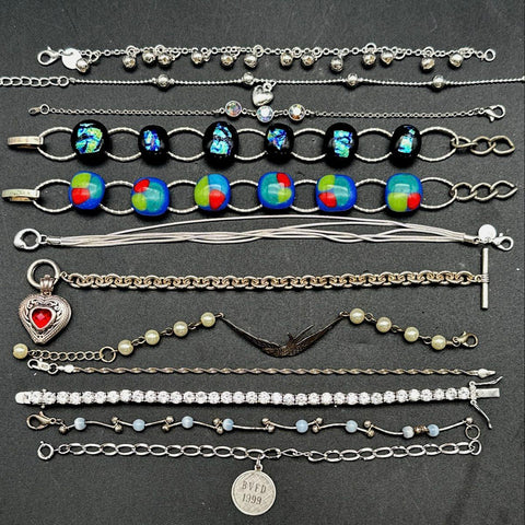Silver Tone Costume Jewelry Bracelet Lot of 12 Vintage to Modern Tennis Heart