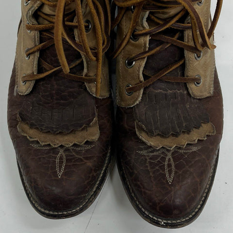 Vintage Justin L353 Two Tone Brown Leather Kiltie Roper Lacer Boots Womens 7.5B