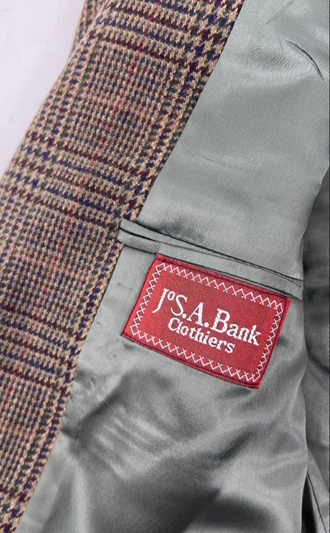 Vintage 80s Jos. A. Bank Mens Brown Glen Plaid Wool Blazer 42L ACTWU Union