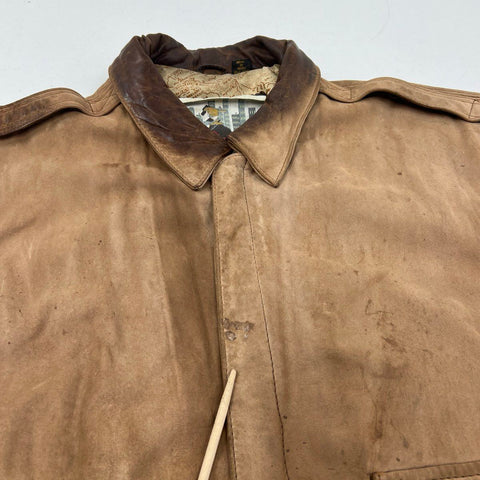 Vintage 80s Urban Cowboy Leather Bomber Flight Jacket Map Lining Distressed Sz L