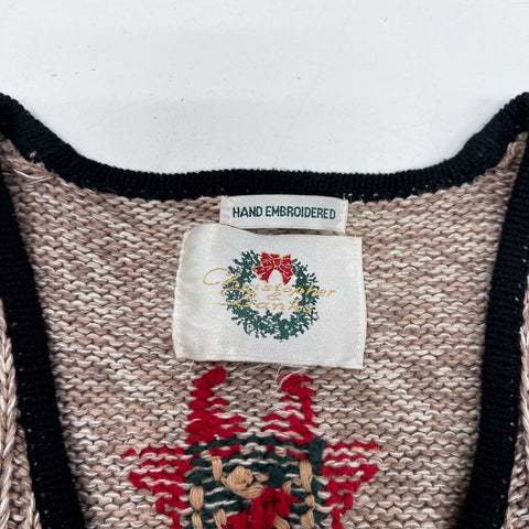 Christopher & Banks Women's Christmas Sweater Vest Tan Hand Embroidered Zip Up