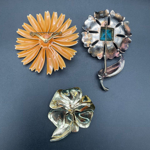 Vintage Lot of 3 Large Floral Brooches Enamel Rhinestone Statement Jewelry
