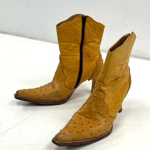Y2K Soto Boots Tan Full Quill Ostrich Leather Heeled Ankle Boots Size 9.5