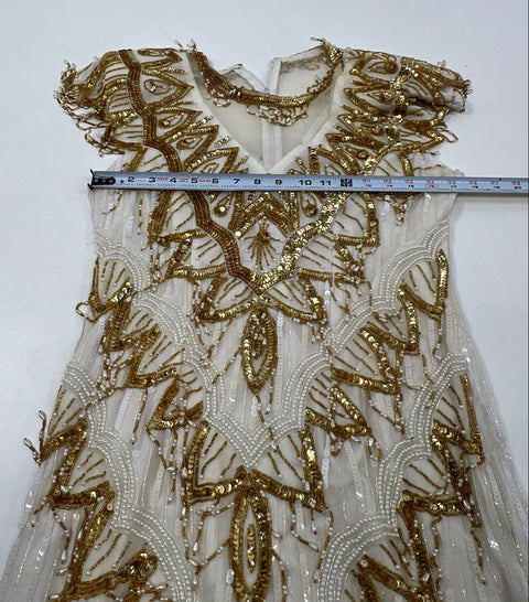 Lawrence Kazar Women's White Gold Vintage 90s Beaded Sequin Silk Dress Sz M