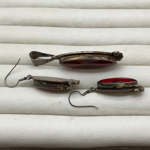 Vintage Mexican Style Silver Tone Red Cabochon Pendant & Earrings Jewelry Set